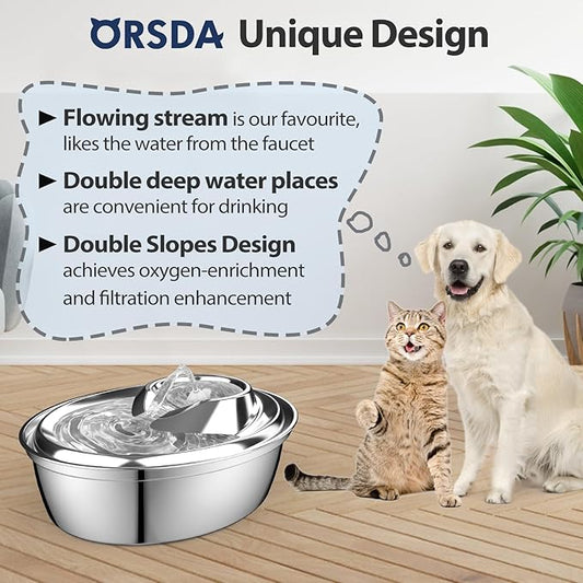ORSDA Cat Water Fountain Stainless Steel, 2L/67oz Pet Fountain for Cats Inside, Automatic Dog Drinking Dispenser Cat Feeding & Watering Supplies with 2 Filter - PAWPICO