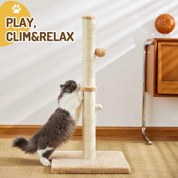 MeowHomm 32” Tall Cat Scratching Posts for Indoor Cats Adults with 2 Hanging Ball, Large Cat Scratch Post Cat Scratcher Includes Sisal Rope(Yellow) - PAWPICO