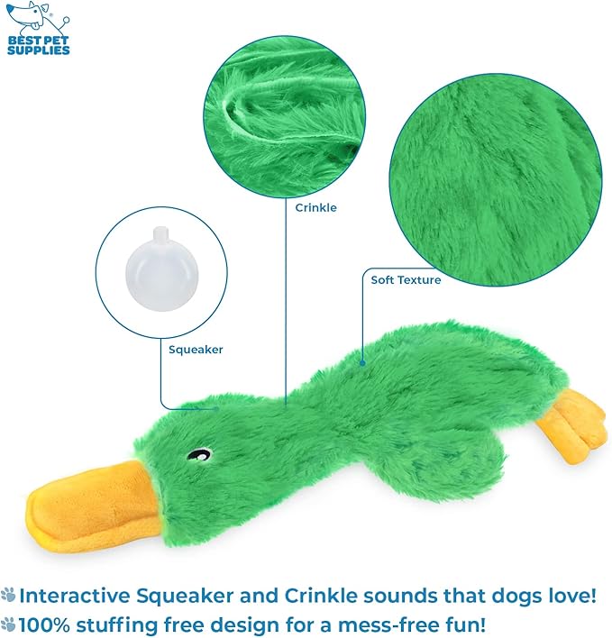 Best Pet Supplies Crinkle Dog Toy for Small, Medium, and Large Breeds, Cute No Stuffing Duck with Soft Squeaker, Fun for Indoor Puppies and Senior Pups, Plush No Mess Chew and Play - Light Green - PAWPICO