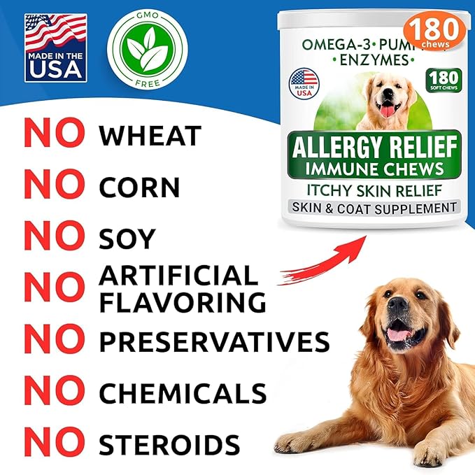 BARK&SPARK Dog Allergy Relief Chews (180 Immune Treats) - Anti-Itch Skin & Coat Supplement - Omega 3 Fish Oil - Itchy Skin Relief Treatment Pills - Itching&Paw Licking - Dry Skin & Hot Spots BARKSPARK
