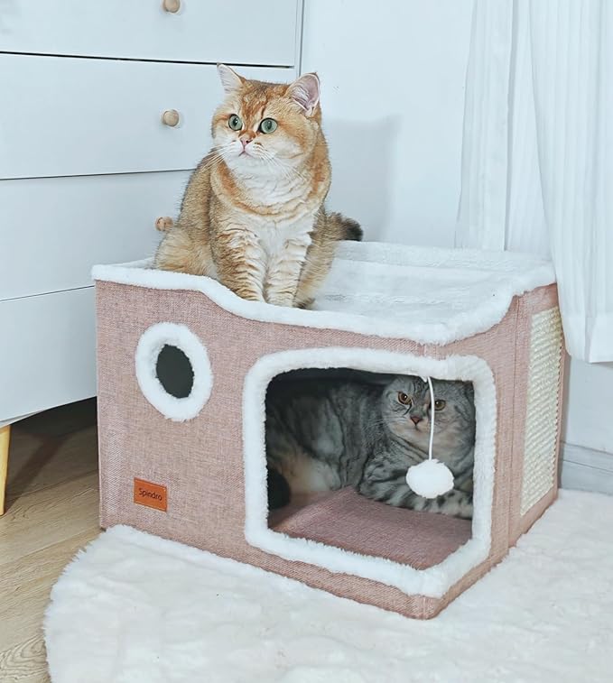 Large Cat Cave Bed for Indoor Cats, Cats Cube House with Scratch Pad Cat Condo Hideaway Tente Hut with Washable Sherpa Warm Soft Cat Mat, Cute Cat Beds Furniture, Modern Dog Bed,Pink - PAWPICO