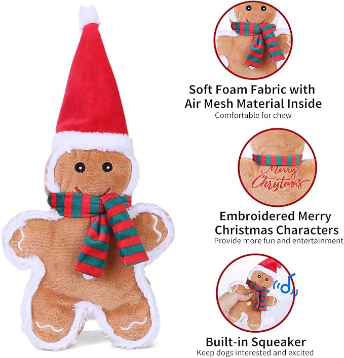 DODODOLA Dog Toys Squeaky Dog Toys with Crinkle Paper Cute Stuffed Gingerbread Man Durable Dog Plush Toys for Large Breed Dog Chew Toys for Small, Medium, Large Dogs (Gingerbread Man) - PAWPICO