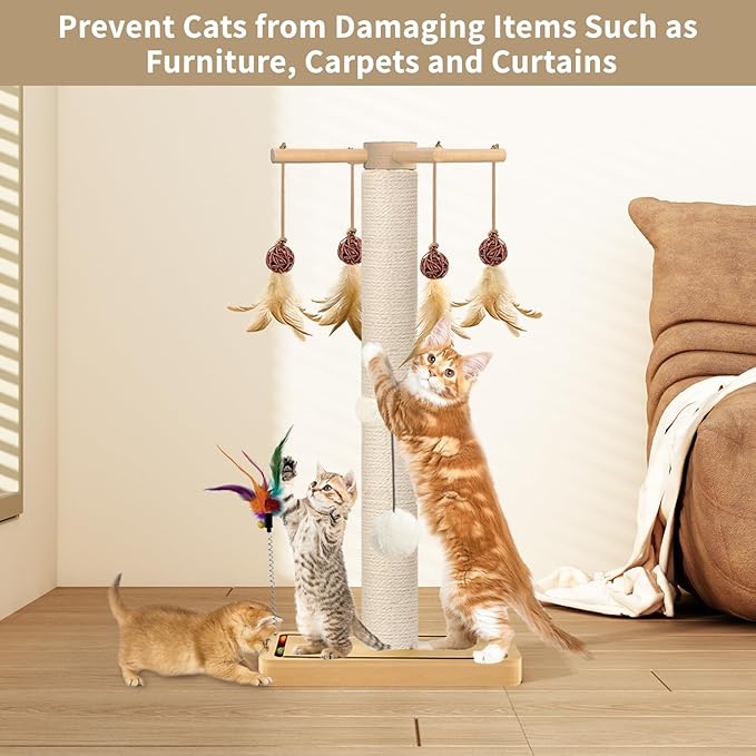 Cat Scratching Post, Sisal Scratching Posts for Indoor Cats Adults with Hanging Ball and Interactive Toys, 2 Mounting Methods Cat Scratcher for Kitten Cats, 25 inches - PAWPICO