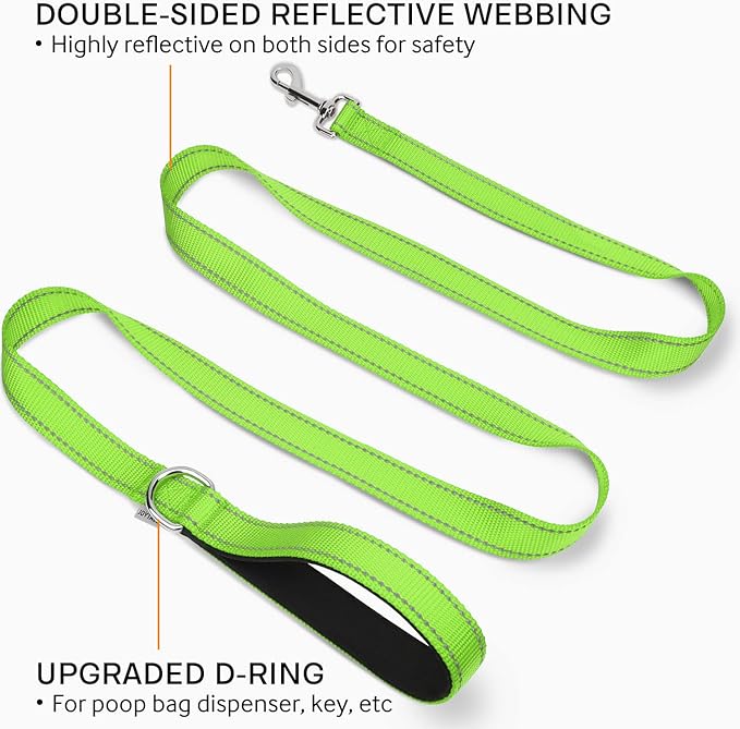 Joytale Double-Sided Reflective Dog Leash, 6 FT/5 FT/4 FT, Padded Handle Nylon Heavy Duty Leashes for Medium & Large Dogs Walking, Green, 6FT Joytale