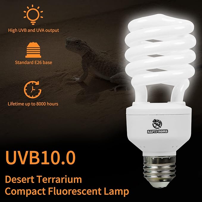 UVB Reptile Light 10.0, 26W Desert UVA UVB Bulb for Reptiles, Compact Desert Terrarium Lamp, Reptile UVB Light Bulb for Bearded Dragon, Lizard, Tortoise, Snake, Gecko REPTIHOME