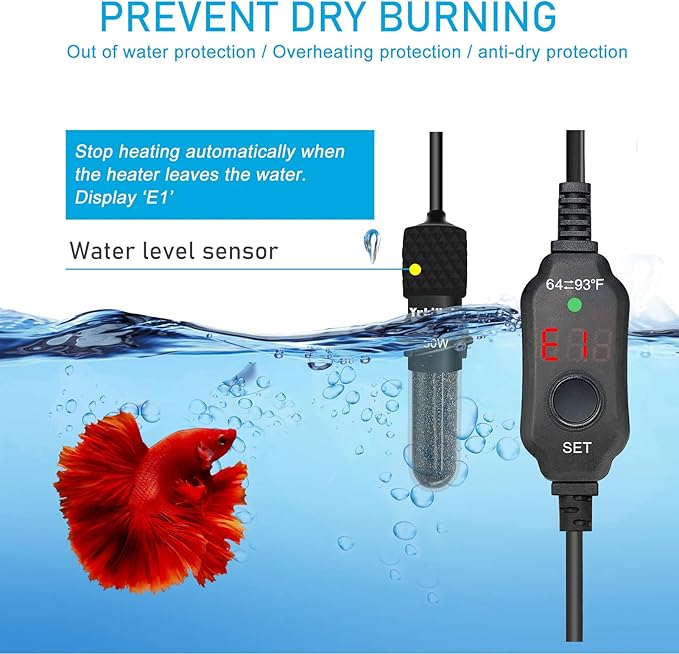 YukiHalu Small Submersible Aquarium Heater, Adjustable Mini Fish Tank Heater 25W 50W 100W 200W 300W with External Temperature Controller, LED Display, Used for 5/10/20/40/60 Gallons (50 Watts) YukiHalu