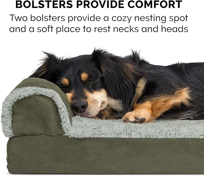 Furhaven Orthopedic Dog Bed for Large Dogs w/ Removable Bolsters & Washable Cover, For Dogs Up to 95 lbs - Two-Tone Plush Faux Fur & Suede L Shaped Chaise - Dark Sage, Jumbo/XL - PAWPICO