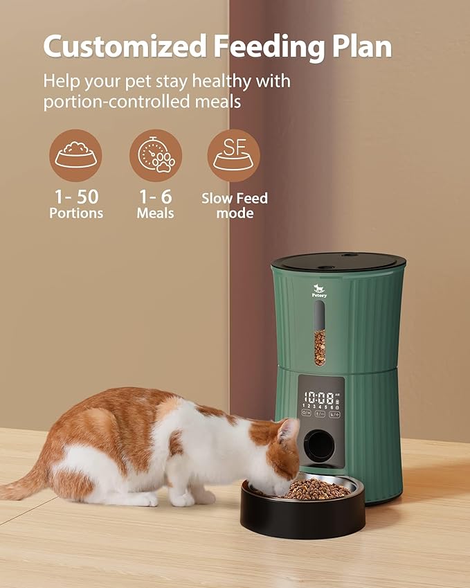 Petory Timed Automatic Cat Feeders - 4L Programable Dry Food Dispenser for Cats and Small Medium Dogs 6 Meals with Desiccant Bag Dual Power Supply 10S Voice Recorder - PAWPICO