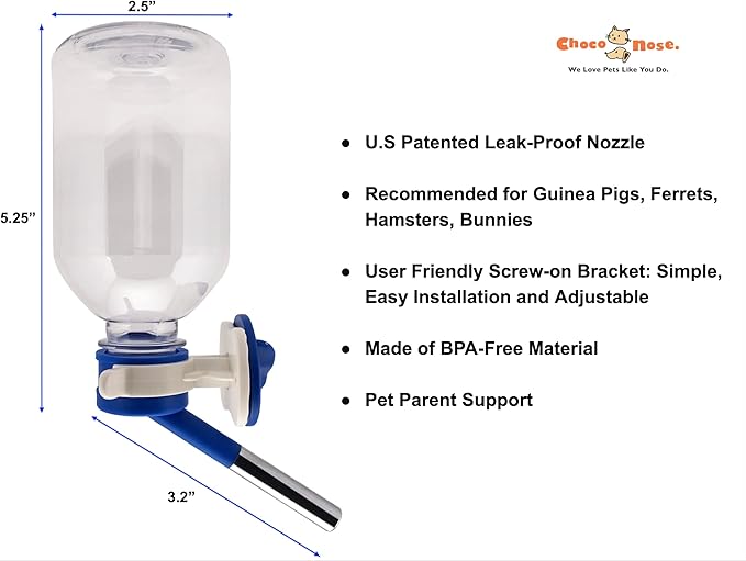 Choco Nose Patented No-Drip Water Bottle/Feeder for Guinea Pigs/Hamsters/Bunnies/Ferrets/Other Small Pets, Critters and Animals - for Cages, Crates or Wall Mount. 10.2oz. Nozzle 10mm, Blue (C128) ChocoNosePetSupplyWeLovePetsLikeYouDo