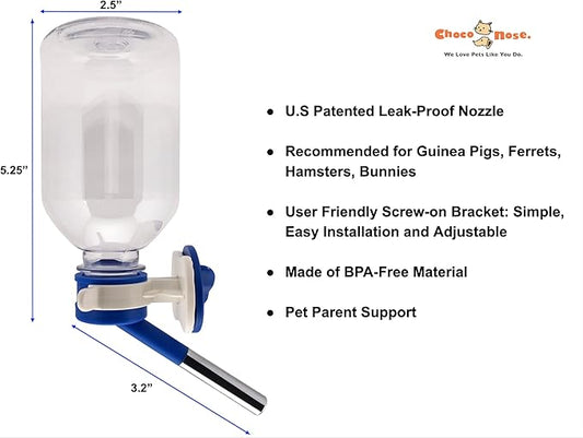 Choco Nose Patented No-Drip Water Bottle/Feeder for Guinea Pigs/Hamsters/Bunnies/Ferrets/Other Small Pets, Critters and Animals - for Cages, Crates or Wall Mount. 10.2oz. Nozzle 10mm, Blue (C128) ChocoNosePetSupplyWeLovePetsLikeYouDo