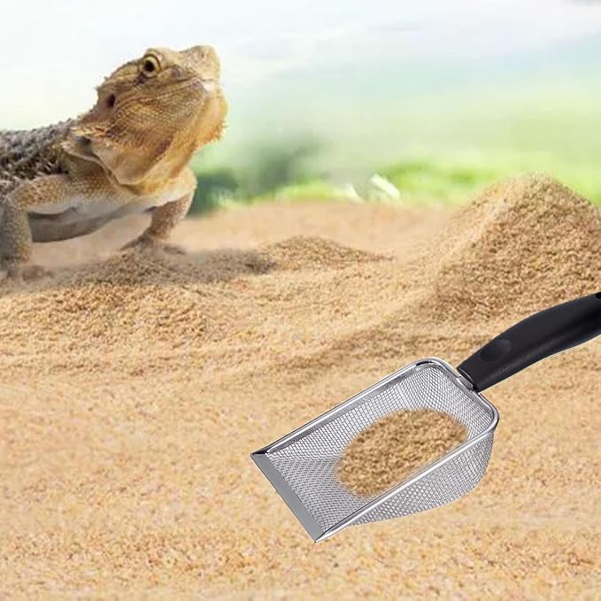 Reptile Sand Substrate Scoop Reptile Sand Fine Mesh Reptile Scooper Stainless Steel Terrarium Substrate Sand Bedding Litter Cleaner Scoop and Reptile Long Feeding Tongs Set (Black-2mm) WoYous