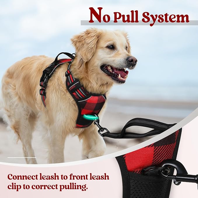 rabbitgoo Dog Harness No Pull with 2 Leash Clips, Adjustable Soft Padded, Reflective Oxford No Choke Pet Vest with Easy Control Handle for Large Dogs, Red Plaid, L rabbitgoo