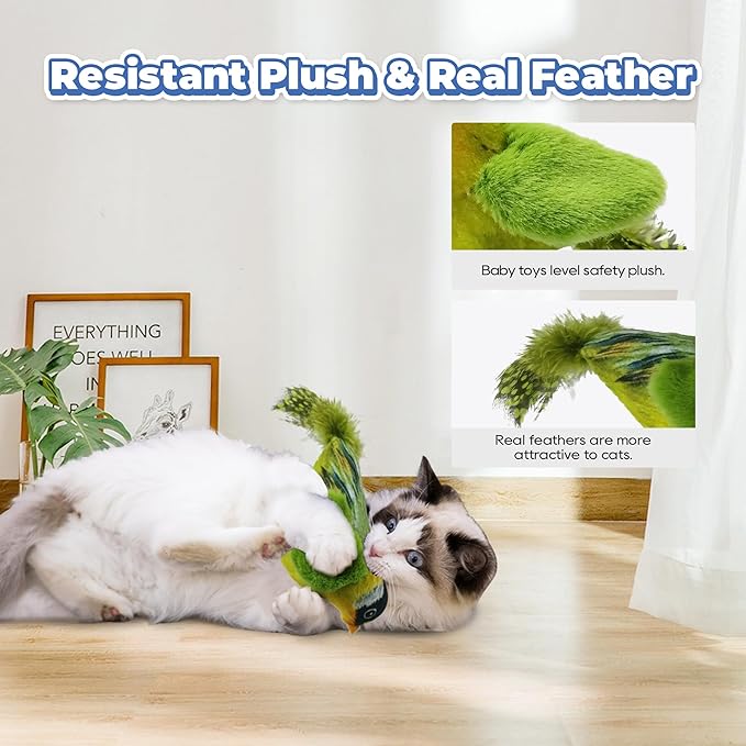 LEWISER Cat Toys Chirping Tit 2 Pcs with Catnip SilverVine, Suitable for Cat Wand Toys, Simulation Bird Design, Interactive Toys for Indoor Kitty Kitten Exercise, Green and Ground - PAWPICO