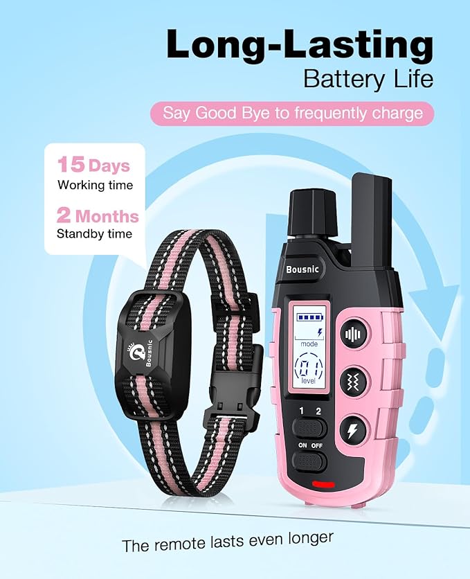 Bousnic Dog Shock Collar - 3300Ft Dog Training Collar with Remote for 5-120lbs Small Medium Large Dogs Rechargeable Waterproof e Collar with Beep (1-8), Vibration(1-16), Safe Shock(1-99) (LightPink) BOUSNIC