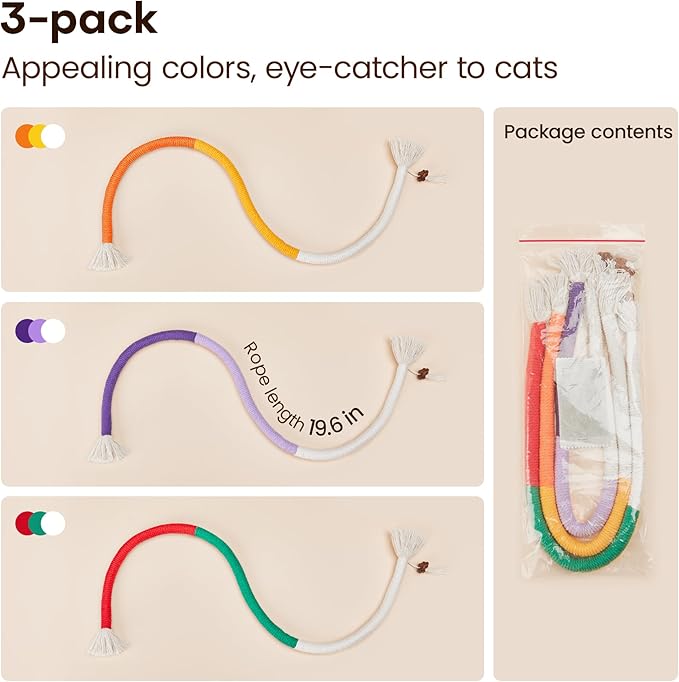 Potaroma Cat Toys Chew Ropes 3Pcs with Refillable Natural Catnip, Safe Teeth Cleaning Toy for Indoor Kittens, Interactive Cat Nip Kitty Toys for All Breeds 19.5 Inches - PAWPICO