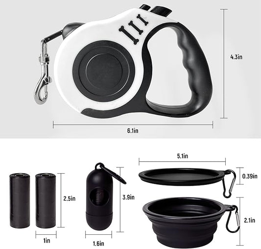Retractable Dog Leash Automatic Telescopic Tractor Dog Tape, Pet Tape 10/16 FT Durable and Convenient, with Folding Bowl, Dispenser, Rubbish Bags, Suitable for Small and Medium Dogs LIEVUIKEN