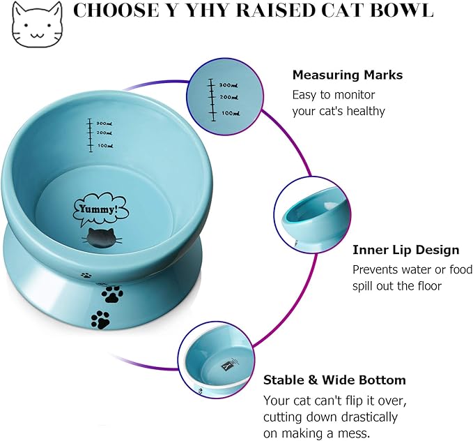 Y YHY Ceramic 15 Ounce Slanted Cat Food Water Bowl, Lake Blue - PAWPICO
