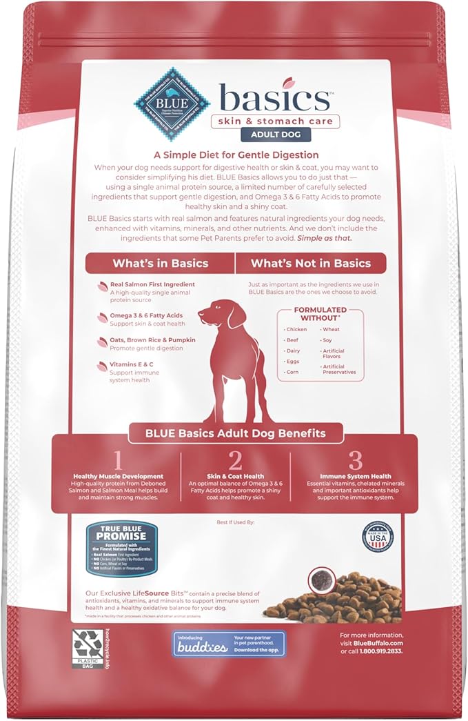 Blue Buffalo Basics Adult Dry Dog Food for Skin & Stomach Care, Limited Ingredient Diet, Made in the USA with Natural Ingredients, Salmon & Potato Recipe, 11-lb. Bag - PAWPICO