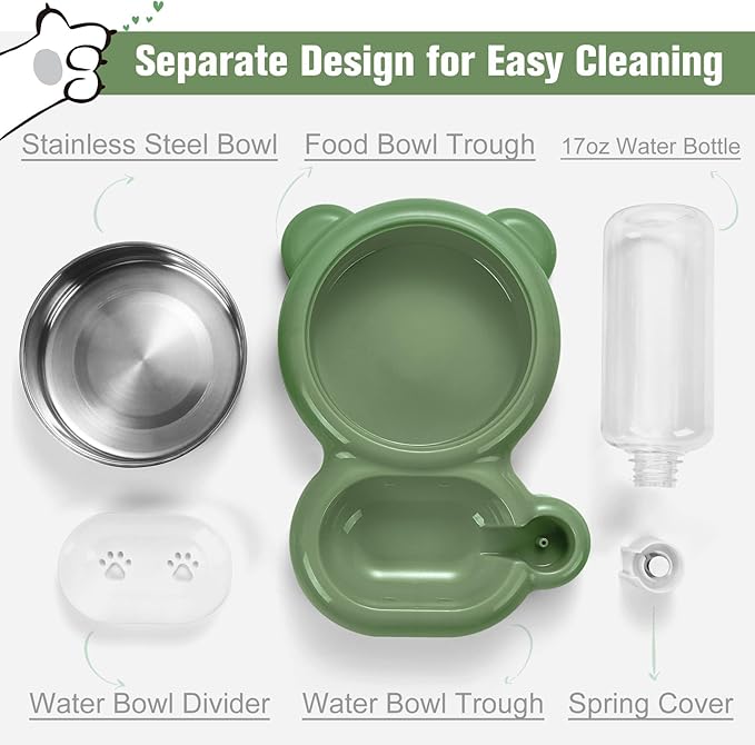 Dog Bowls, Cat Food and Water Bowl Set with Water Dispenser and Stainless Steel Bowl for Cats and Small Dogs - Green - PAWPICO