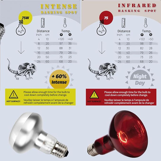 Reptile Heat Lamp, 2 Pack 75W Intense and Infrared Basking Bulbs Light for Reptiles, UVA Daylight Night Red Basking Light for Bearded Dragon, Lizard, Gecko,Reptile Heat Bulb ReptiKing