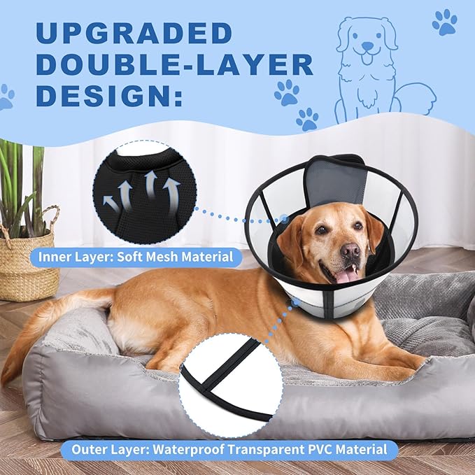 Soft Dog Cone for Dogs After Surgery, Breathable Pet Recovery Collar for Large Medium Dogs, Adjustable Dog Cone Collar, Elizabethan Collar (M, Black) PAWPICO