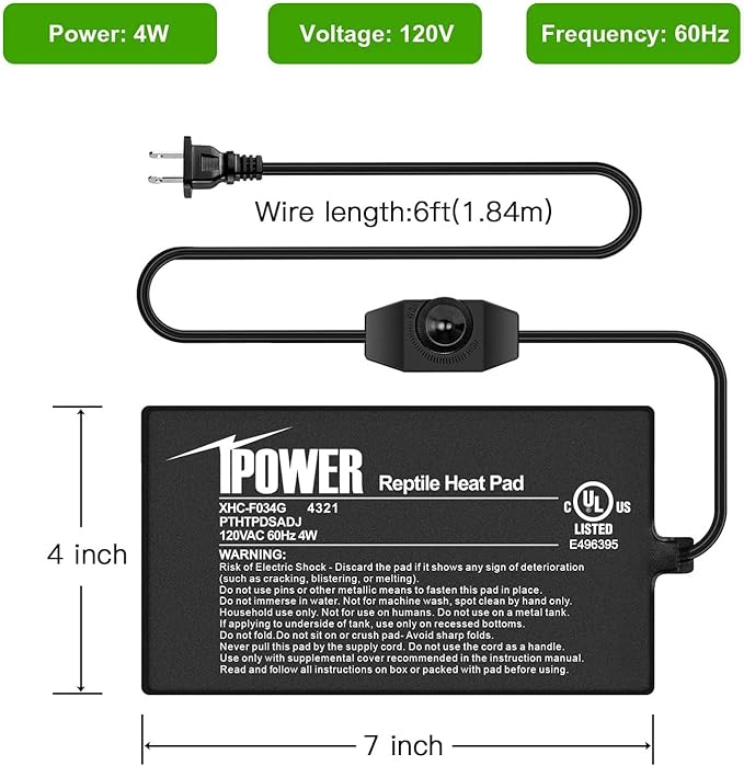 iPower 4 by 7-Inch 4 Watts Reptile Heating Mat with Temperature Controller Under Tank Warmer Terrarium Heat Pad for Reptiles and Amphibians, Black iPower