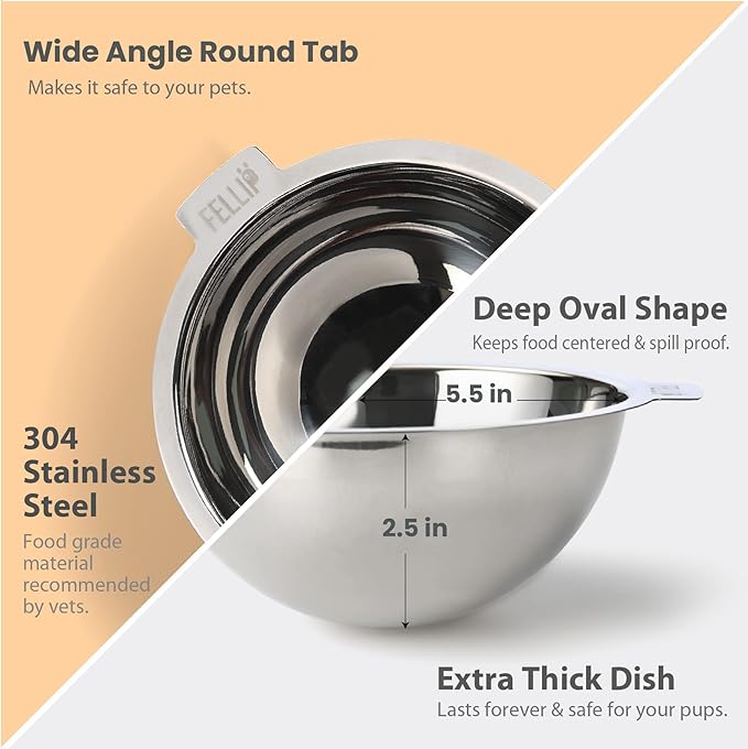 Felli Pet Oblik Acrylic Raised Dog Food Water Bowl Stainless Steel Slanted Oval Dish for Short Leg Puppy & Small Medium Pet, Elevated Tilted Metal Feeder Angled Plastic Spill Proof (1.5Cups, Gold) - PAWPICO