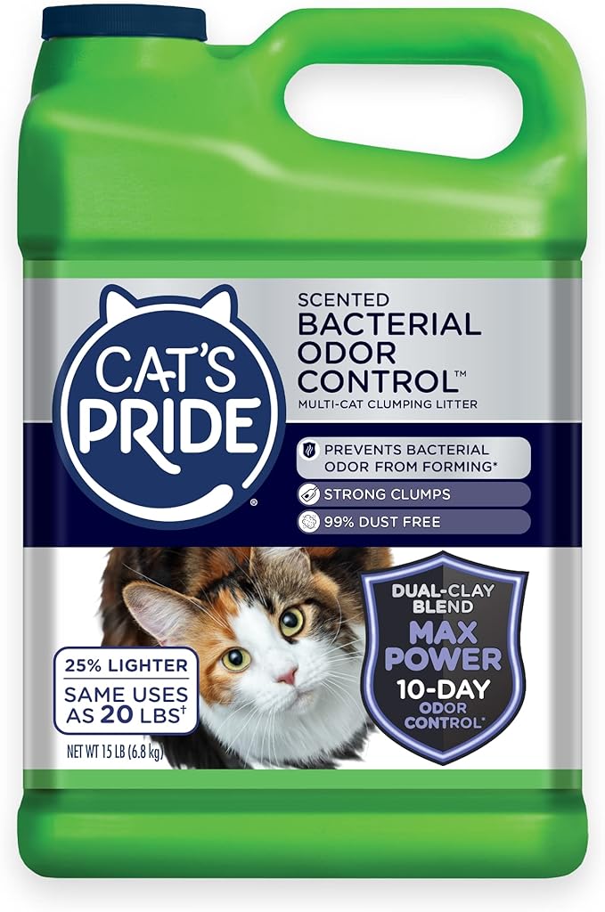 Cat's Pride Max Power: Bacterial Odor Control - Up to 10 Days of Powerful Odor Control - Strong Clumping - 99% Dust Free - Multi-Cat Litter, Fresh Scented, 15 Pounds - PAWPICO