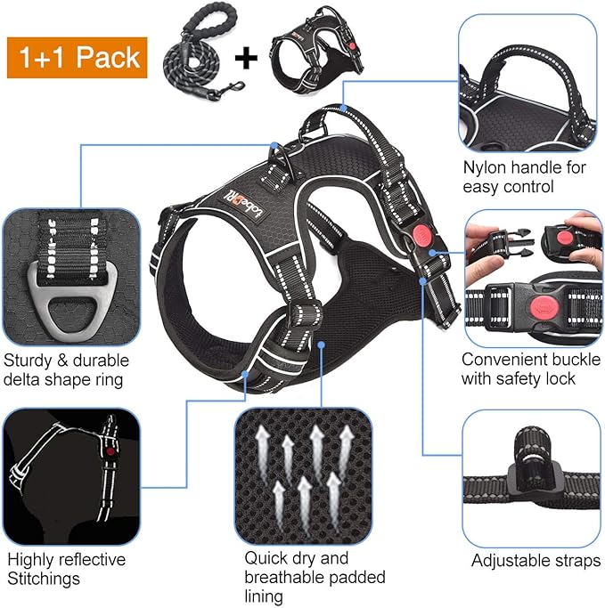 tobeDRI No Pull Dog Harness Adjustable Reflective Oxford Easy Control Medium Large Dog Harness with A Free Heavy Duty 5ft Dog Leash (M (Neck: 14.5"-20.5", Chest: 22"-28"), Black Harness+Leash) - PAWPICO