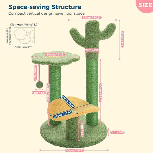 Made4Pets Cat Tree Cactus Cat Scratching Post 26” Cats Tree Tower for Indoor Cat Scratchers Kitty Tower with Flower Perch, Dangling Ball - PAWPICO