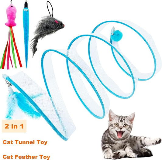 Spiral Tunnel Cat Toy, Self Play Cat Hunting Spiral Tunnel Toy Spiral Cat Toy, Folded Cat Tunnel Spring Toy for Indoor Cats (Blue) - PAWPICO