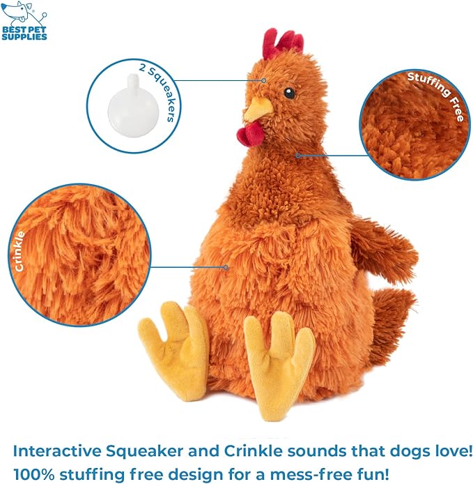 Best Pet Supplies Chicken Crinkle Plush Dog Toys for Interactive Play, Puppy and Senior Indoor Play, Colorful Chicken Toy Shape, Cute and Cuddly - Crinkle Chicken (Brown) - PAWPICO