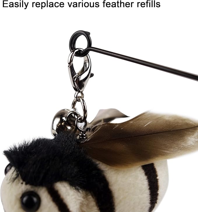 Interactive Bird and Insect Simulation Cat Toy Set with 4 Feather Refills, 29'' Flexible Steel Wire, Sturdy Wood Handle & Bell,Cat Wand Toys for Indoor Cat and Kitten. - PAWPICO