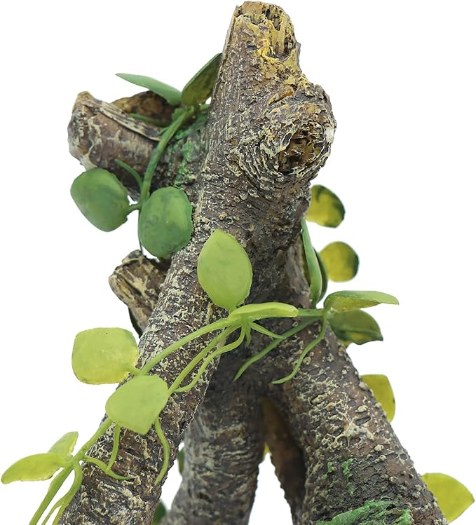 AQUA KT Reptile Corner Branch with Green Leaves Terrarium Desert Habitat Decoration for Lizard Snake Bearded Dragon Chameleon Hermit Crab Leopard Gecko Amphibian Climbing AQUAKT