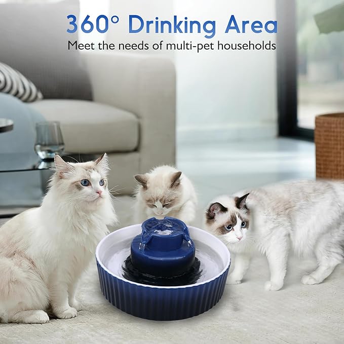 Ceramic Cat Water Fountain, 2.1L/71oz Cat Fountain with 3 Carbon Filters and 2 Water Pumps, Cupcake Pet Water Fountain for Cats and Dogs (Dark Blue) - PAWPICO