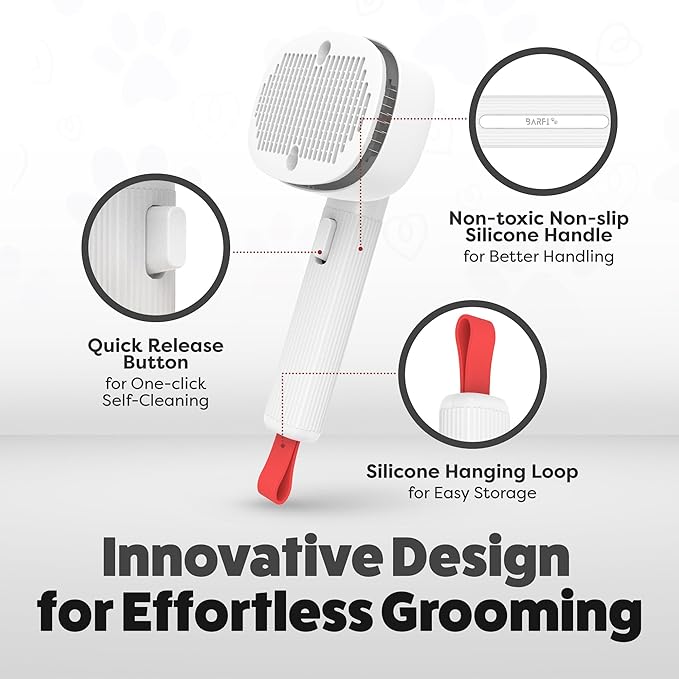 BARFI Pet Brush - Self-Cleaning Pet, Cat, Dog Shedding Brush - Multi-Functional Grooming Tool with Negative Ion Technology, Vibrating Massager, Wood's Lamp (White) - Free Pet Bowl - PAWPICO