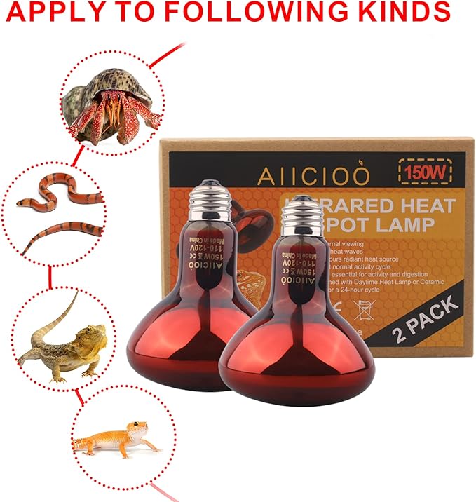Aiicioo Reptile Red Night Light Bulb - 150W Reptile Heat Lamp Bulb Infrared Basking Spot Lamp for Bearded Dragon Lizard Turtle Hermit Crab Leopard Gecko Snake Chameleon Tank AIICIOO