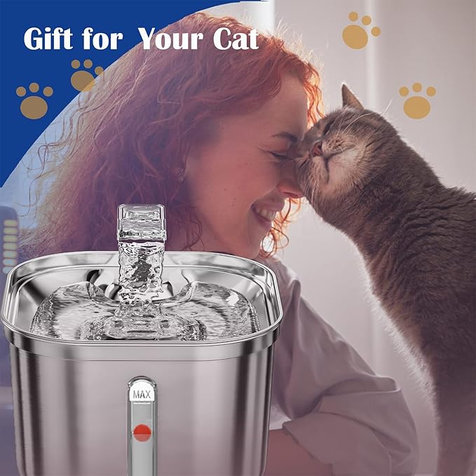Cat Water Fountain, Stainless Steel Pet Water Fountain for Cats Inside, 3 Filters&Ultra-Quiet Pump, 2.2L/73oz Automatic Dog Dispenser Water Bowl, Multiple Pets Water Fountain - PAWPICO
