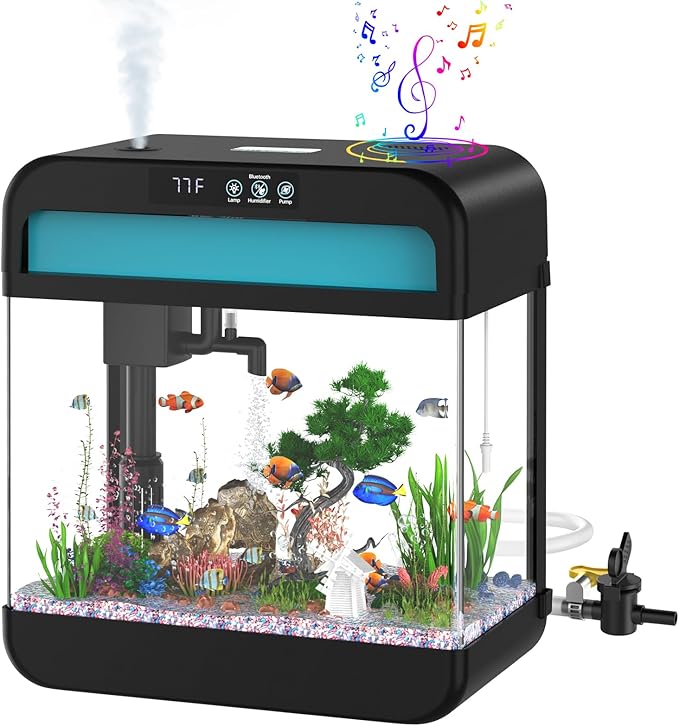 Fish Tank Aquarium 2.2 Gallon Fish Bowl with Music Humidifier 7 Color Auto-Looping Light Adjustable Pump with Filtration & Aeration & Circulation, Temperature Display, Bottom Water Changer Wilody