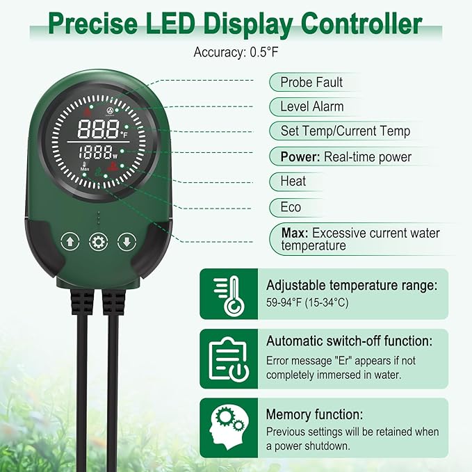 AQQA Aquarium Heater, 300W/500W/800W Submersible Fish Tank Heater with PTC Rapid Heating, Precise Digital Temperature Controller, LED Display with Memory Function for Up to 250 Gallon Freshwater Tank AQQA