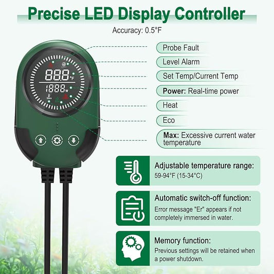 AQQA Aquarium Heater, 300W/500W/800W Submersible Fish Tank Heater with PTC Rapid Heating, Precise Digital Temperature Controller, LED Display with Memory Function for Up to 250 Gallon Freshwater Tank AQQA
