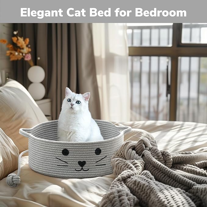Cat Beds for Indoor Cats, Warm Soft Pet Bed Washable, Cute Cat Bed With Playing Rope Ball, Pet Gift Basket for Cat, Dog-15.7" L×5.9" H, Grey - PAWPICO