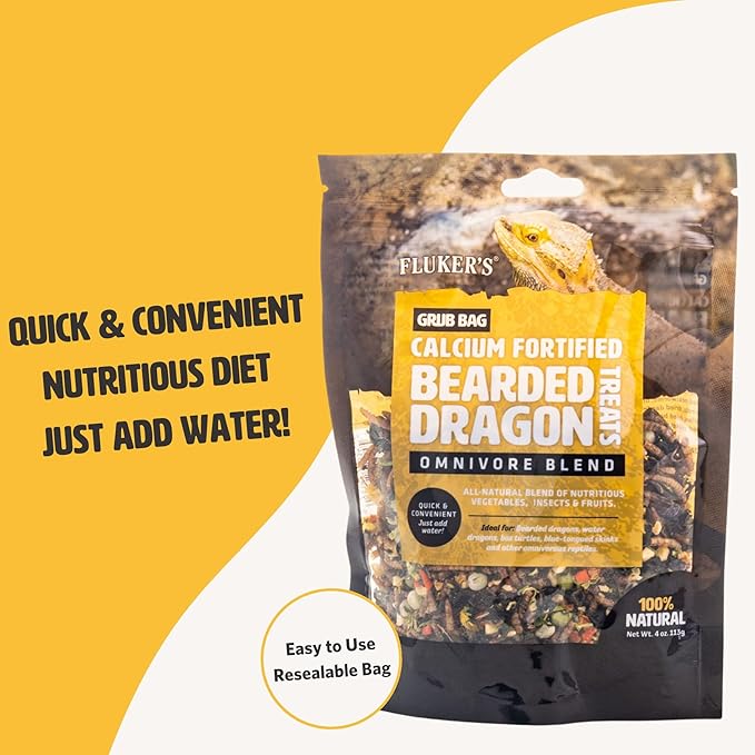 Fluker's Grub Bag Calcium Fortified Treats, All Natural Omnivore Blend Packed with Protein, Fruits, and Vegetables, for Bearded Dragons and Reptiles, 4 oz Flukers