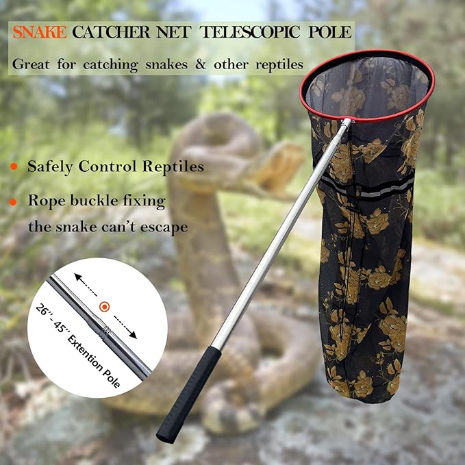 Snake Catcher Net, Rattlesnake Grabber Handling Tool Large Reptile Closure Net, Snake Traps Telescopic Pole Stick, Rattle Snake Moving and Catching Picker with a Handle Extendable from 26'' to 45‘’ SYFRLLC