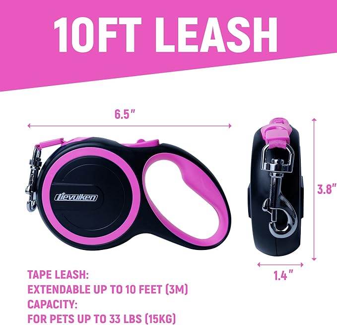10 FT Retractable Dog Leash with No Tangle for Dog up to 33lbs, One-Handed Brake, with Non-Slip Handle, Strong Nylon Tape for Small and Medium Dogs LIEVUIKEN