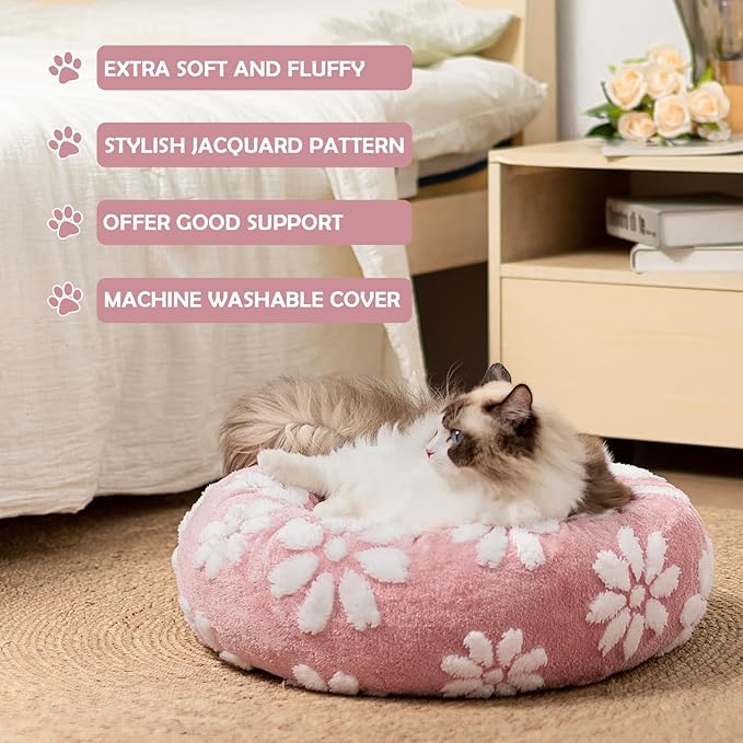 Donut Dog Beds for Small Dogs, Calming Round Cat Beds for Indoor Cats, Cute 3D Textured Flower Pet Bed with Removable Washable Cover and Anti-Slip Bottom(Pink,23") - PAWPICO