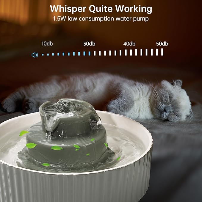 Ceramic Cat Water Fountain, 2.1L/70oz Ceramic Pet Water Fountain Automatic Cat Drinking Fountains Pet Water Bowl, Porcelain Cat Water Dispenser with Ultra-Quiet Pump for Cats and Dogs(Grey) - PAWPICO