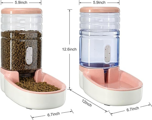 Automatic Dog Cat Feeder and Water Dispenser Gravity Food Feeder and Waterer Set with Pet Food Bowl for Small Medium Dog Puppy Kitten, Large Capacity 1 Gallon x 2(Pink) - PAWPICO