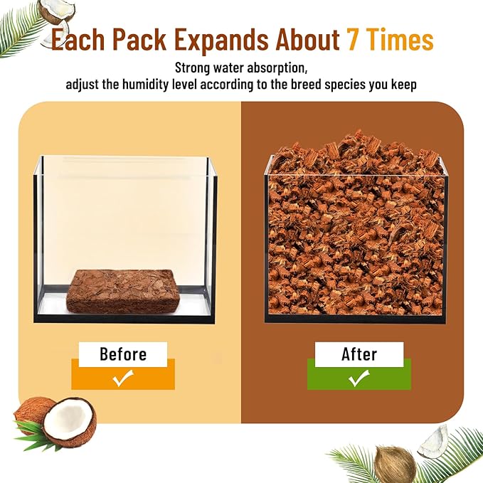Riare 6 Pack Natural Coconut Chip Substrate for Reptiles- Compressed Coconut Husk Reptiles Bedding, Coco Husk Chip Terrarium Substrate for Snakes, Tortoises, Ball Python, Frogs, Bearded Dragon, Lizard Riare