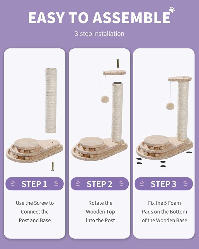 Made4Pets Cat Scratching Post Cat Scratcher Kitten Toys for Indoor Cats Wooden Ball Track Two-Layer Modern Sisal 17.7" Tall Scratch Post Interactive Toy with Dangling Ball - PAWPICO